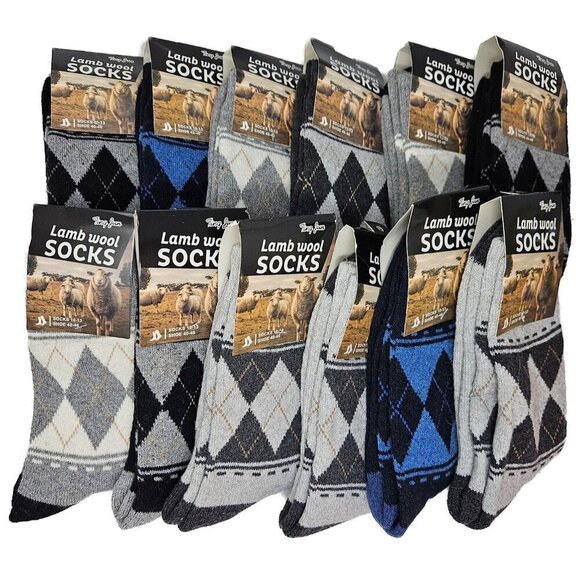 Men's Lamb Wool Argyle Crew Socks, Warm Winter Soft Classic Pattern, 12-Pack - Picture 1 of 4